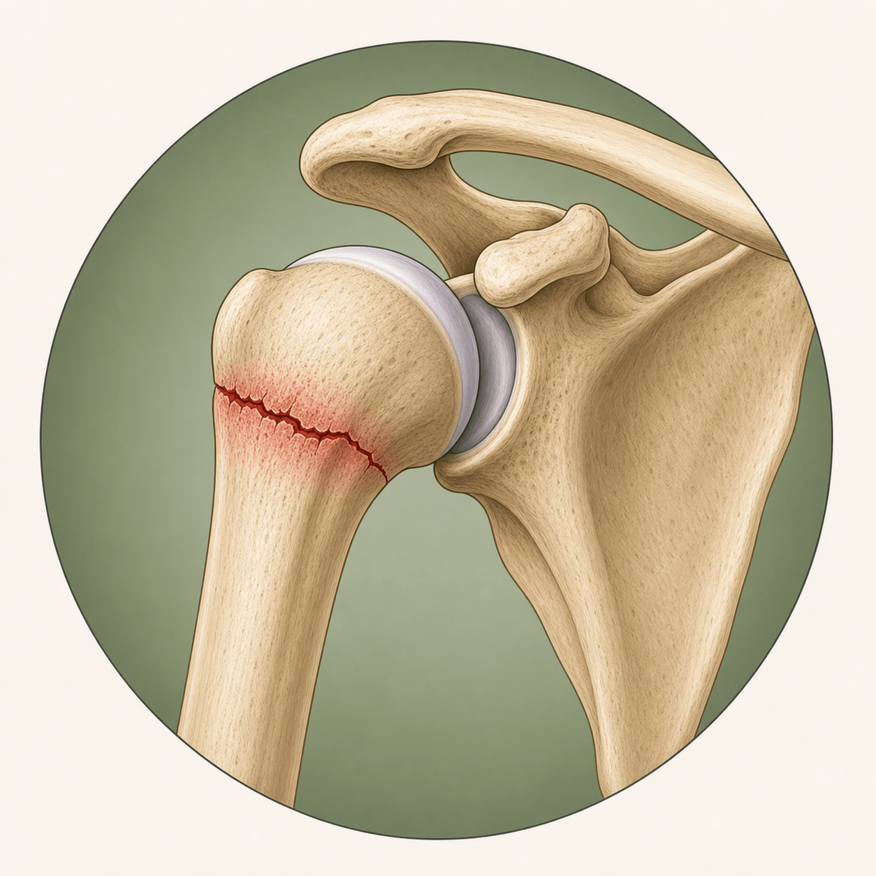 Medical illustration of a proximal humerus shoulder fracture