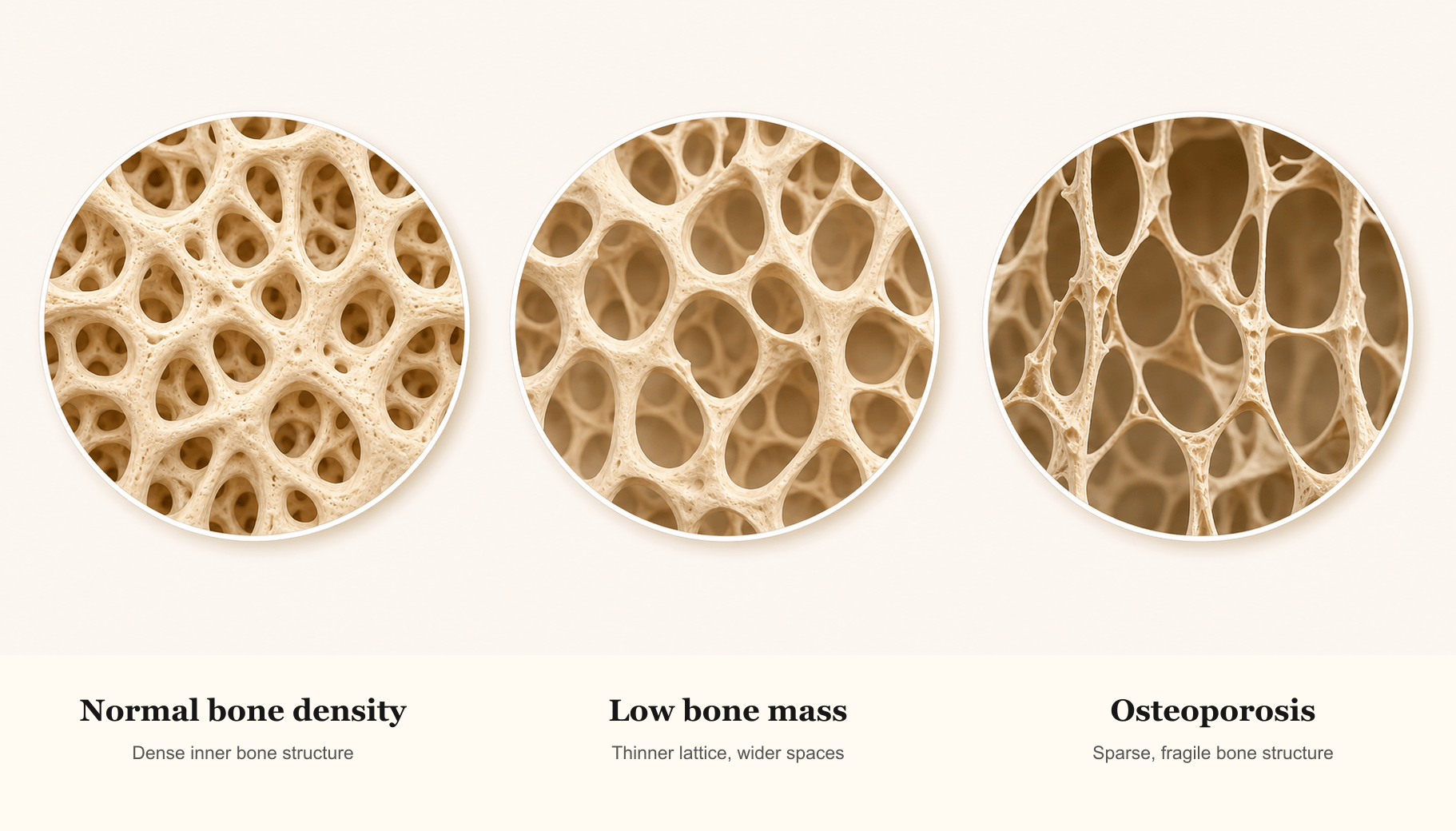 Three circular bone microstructure illustrations comparing normal bone density, low bone mass, and osteoporosis