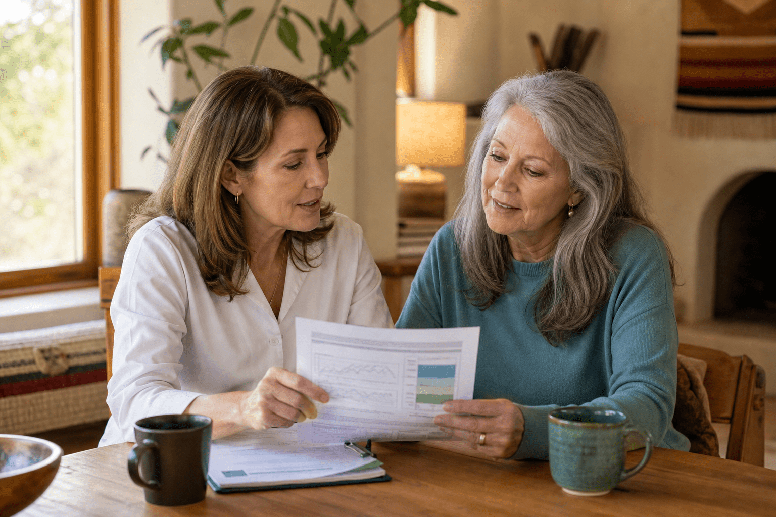 Clinician reviewing a bone density report with a patient during an in-home visit