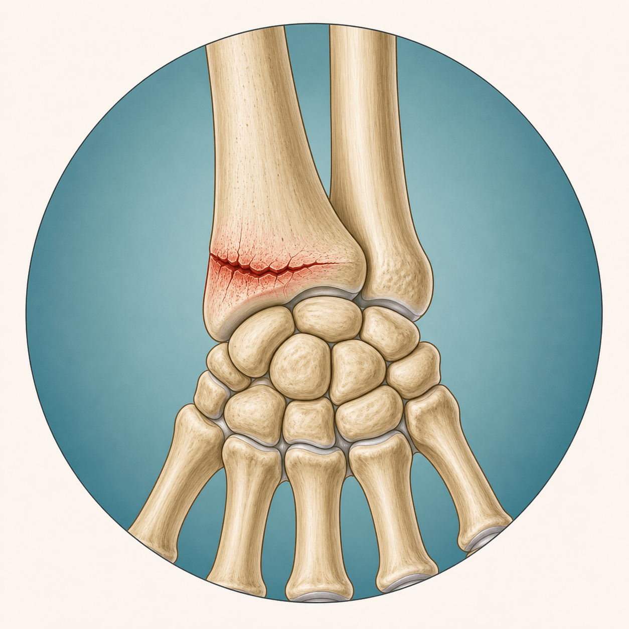 Medical illustration of a distal radius wrist fracture